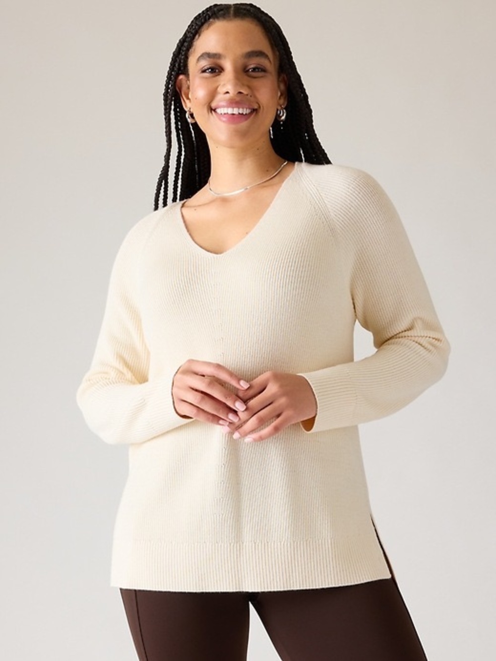 Athleta Hanover V Neck Sweater Small Ivory Cream